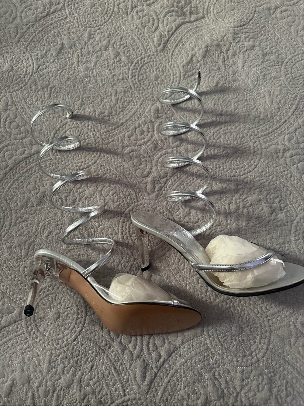 Azurée Cannes New Leather Silver Spiral Lace-Up Stiletto Sandals -Women size5or6